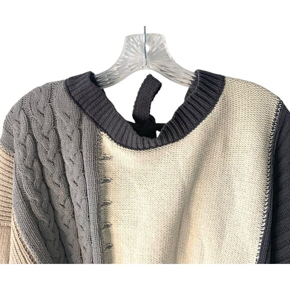 BY THE RIVER Gray + Beige Colorblock Tie-Back Neck Latern Sleeve Sweater NWOT S - Picture 5 of 10